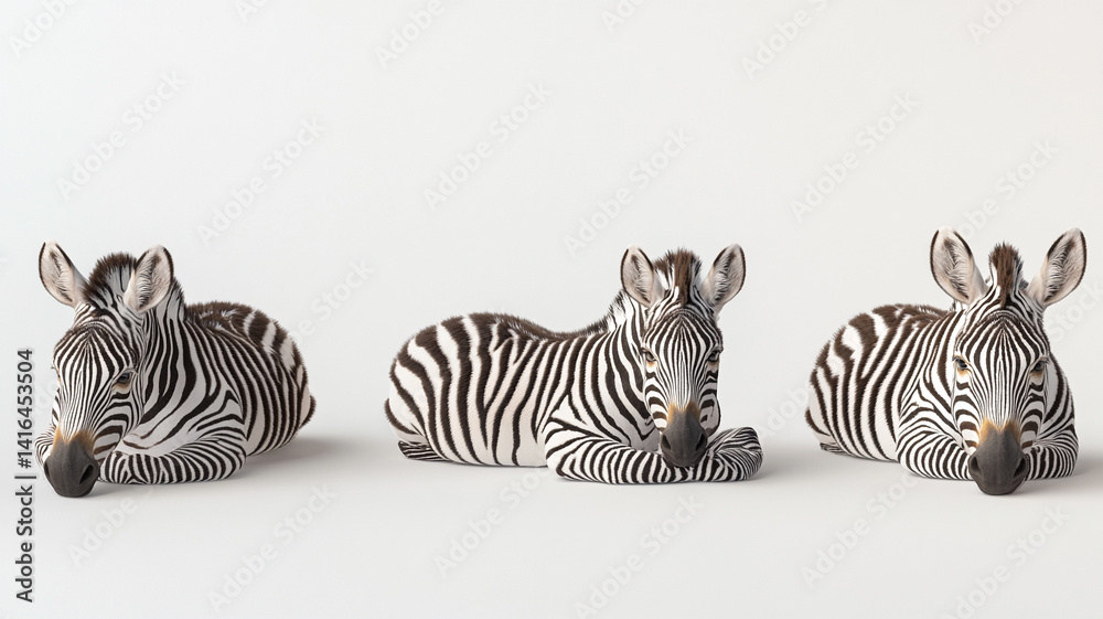 Fototapeta premium Three zebras lying down in relaxed position on a white minimalist background.