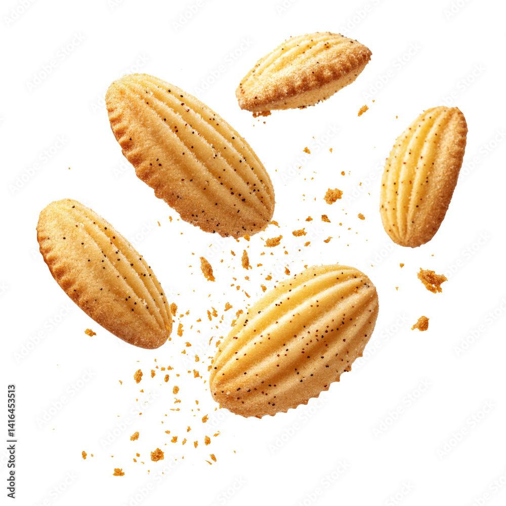 flying madeleine cookies with crumbs isolated on transparent white background, clipping path