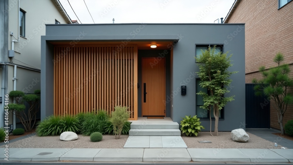 Fototapeta premium A contemporary modern house featuring a beautifully crafted wooden door set against a stylish urban backdrop