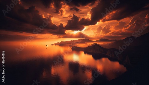 The sea surface is calm mirroring the amber sky with slight dist photo