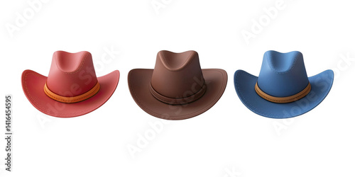 A trio of vibrant cowboy hats in red, brown, and blue displaying styles for fashion and outdoor activities.