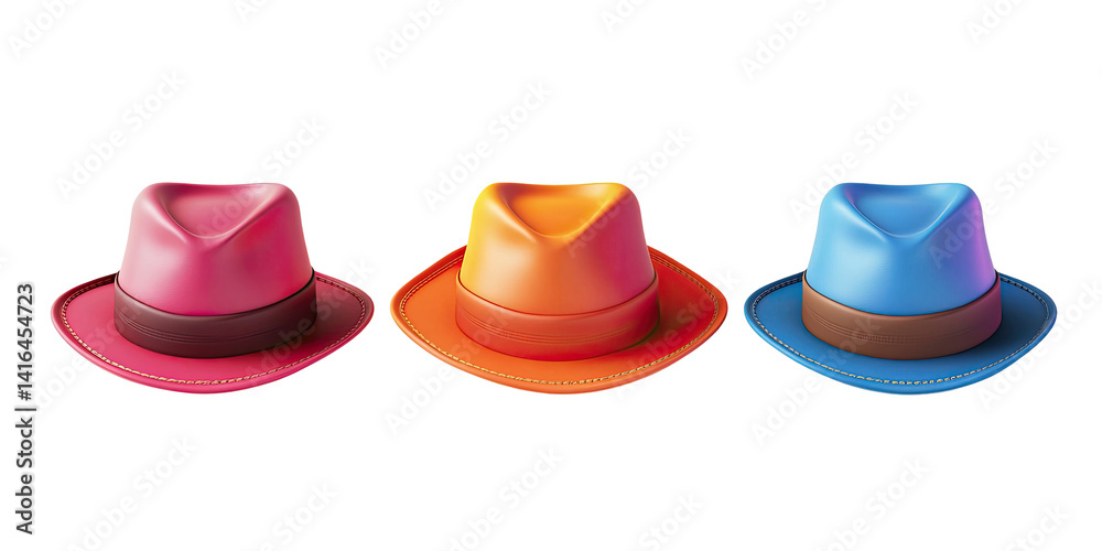 A vibrant collection of colorful hats in pink, orange, and blue, perfect for enhancing any creative design project. A vibrant collection of colorful hats in pink, orange, and blue, perfect for enhancing any creative design project.