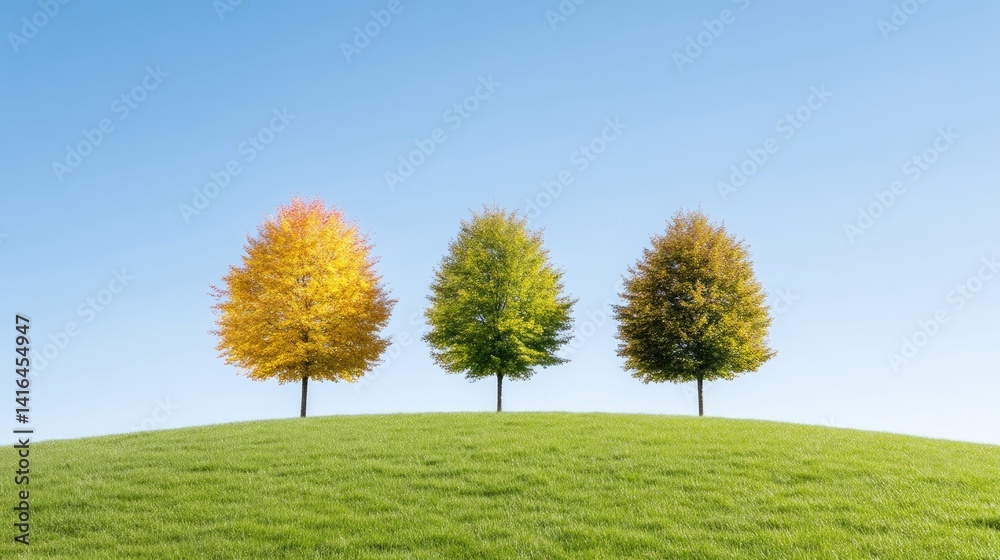Obraz premium Three trees in various autumnal stages on a grassy hill against a clear blue sky