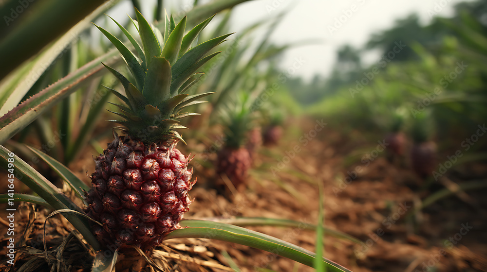 Close-up view of ripe pineapples growing in a lush agricultural field under soft sunlight Close-up view of ripe pineapples growing in a lush agricultural field under soft sunlight