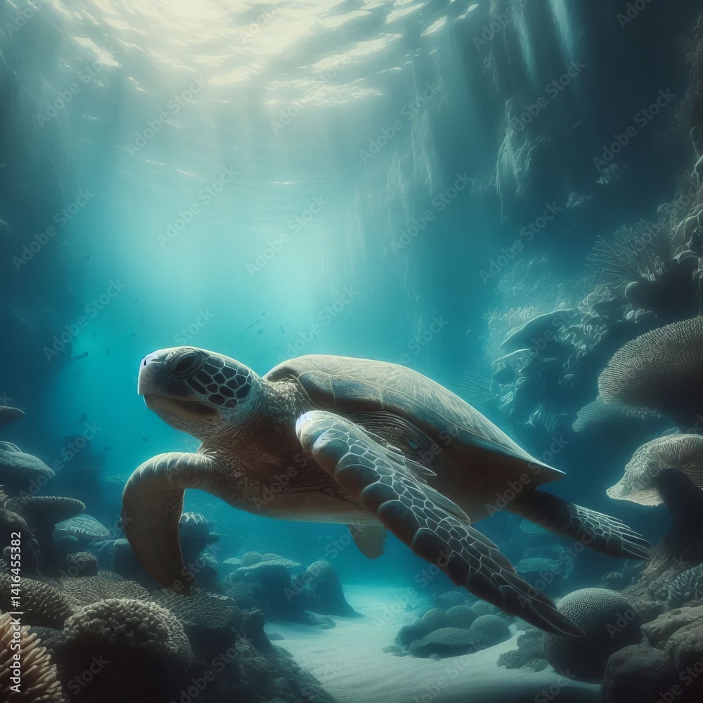 Fototapeta premium Turtle swimming underwater slow motion Ancient peaceful aquatic