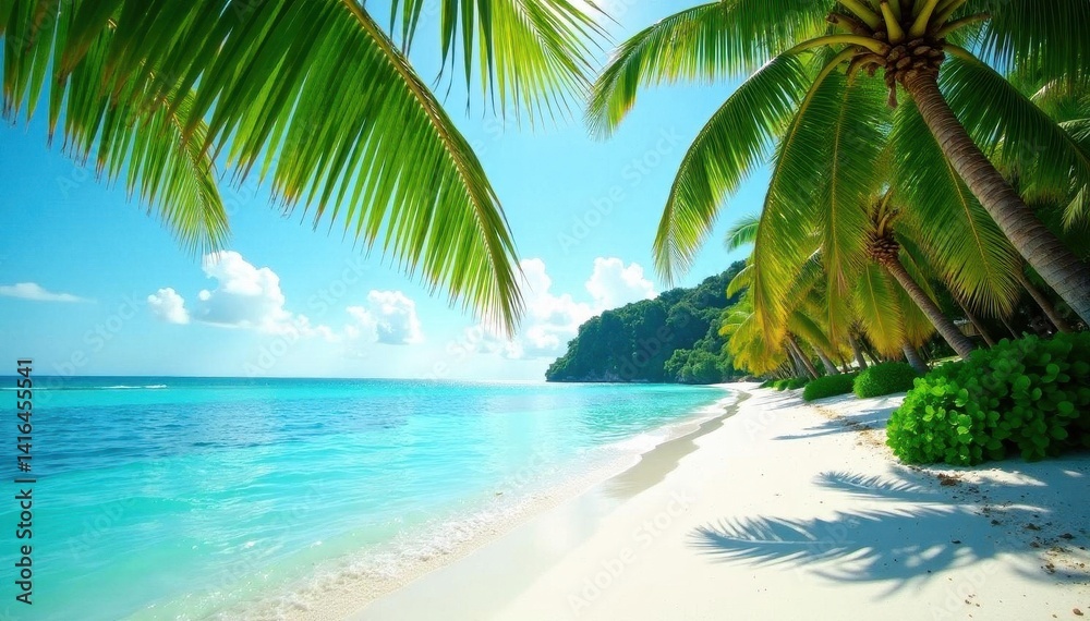 Obraz premium Lush palm trees fringe pristine white sand beach, turquoise water sparkles , holiday, landscape, palm