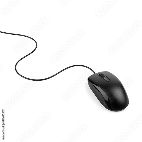 Close up of a black computer mouse with cable isolated on white background