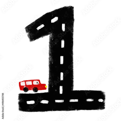 Cute Number 1 one winner road map street doodle crayon watercolour kids illustration wall art learn counting count birthday party age