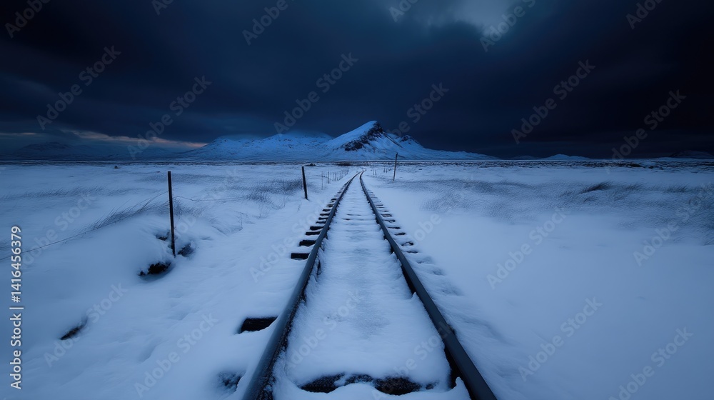Obraz premium Frozen railway track leading to a snow-capped mountain under a dramatic twilight sky