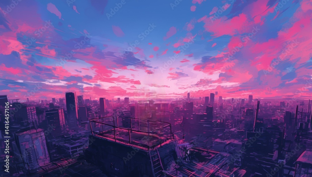 Fototapeta premium Girl Standing on the Rooftop of an Abandoned Building with a Stunning Sunset Over a City Skyline in Vibrant Colors