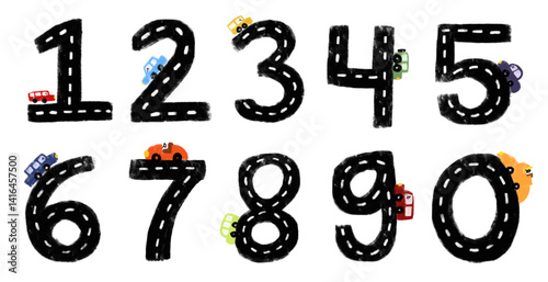 Cute set collection Numbers 1 2 3 road map street with colorful cars doodle crayon watercolour kids illustration wall art learn counting count birthday party age clipart