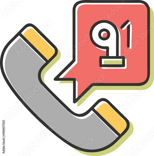 Emergency Call Icon with 911 Number in Red Speech Bubble Over Gray Handset Design
