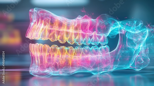 Futuristic transparent jaw and teeth structure with glowing neon light effects in a high-tech digital environment