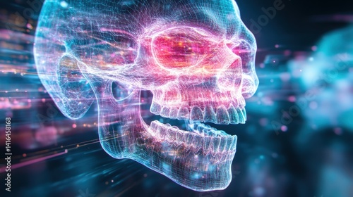 Futuristic glowing digital skull made of neon light wireframe with vibrant energy particles flowing through it in a high-tech and abstract sci-fi atmosphere