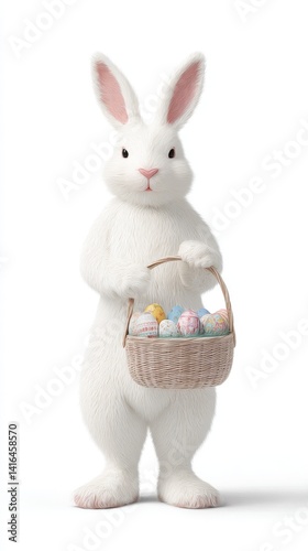 White background, realistic full-body Easter bunny holding a basket with eggs