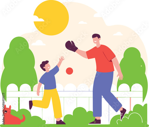 Father and Son Playing Catch in the Park with Dog — Family Outdoor Activity Illustration