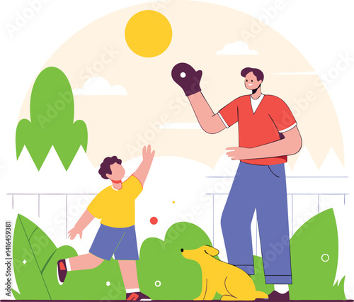 Father and Son Playing Catch in the Park with Dog — Family Outdoor Activity Illustration