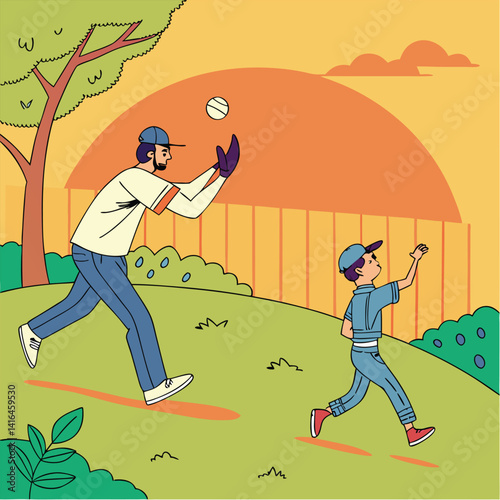 Father and Son Playing Catch in the Park with Dog — Family Outdoor Activity Illustration