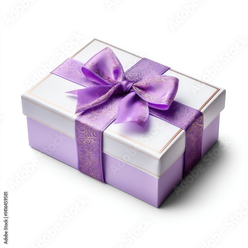 An elegant white gift box with a purple ribbon