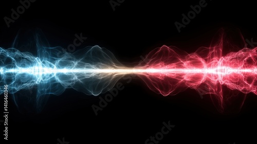 Red and blue electric energy waves on a black background, a futuristic tech concept.
