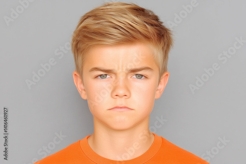 serious teen boy with blonde hair wearing orange shirt against gray background