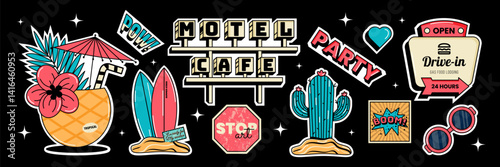 Retro summer vibes, party and trip elements. Motel signboard, cocktail, cactus, surfboard, lips and other. Vector illustration on black background