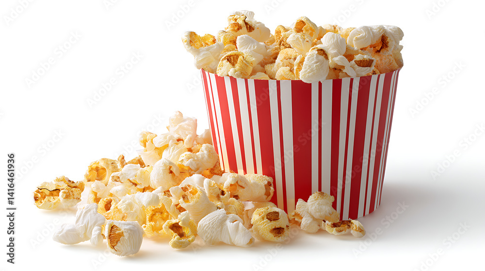 A large striped bucket overflowing with buttery popcorn, set against a clean white background A large striped bucket overflowing with buttery popcorn, set against a clean white background
