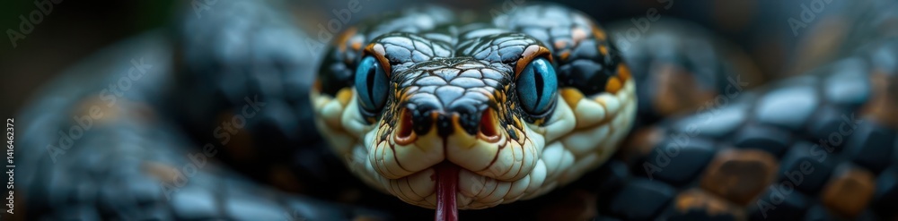 Fototapeta premium Snake's face close-up with piercing blue eyes and forked tongue exposed, forest, eyes