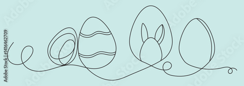 Continuous one liner egg drawing of an Easter bunny, egg, and chamomile. Happy Easter egg hunt concept, Spring design. Editable stroke. Vector illustration.