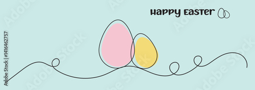 Continuous one liner egg drawing of an Easter bunny, egg, and chamomile. Happy Easter egg hunt concept, Spring design. Editable stroke. Vector illustration.