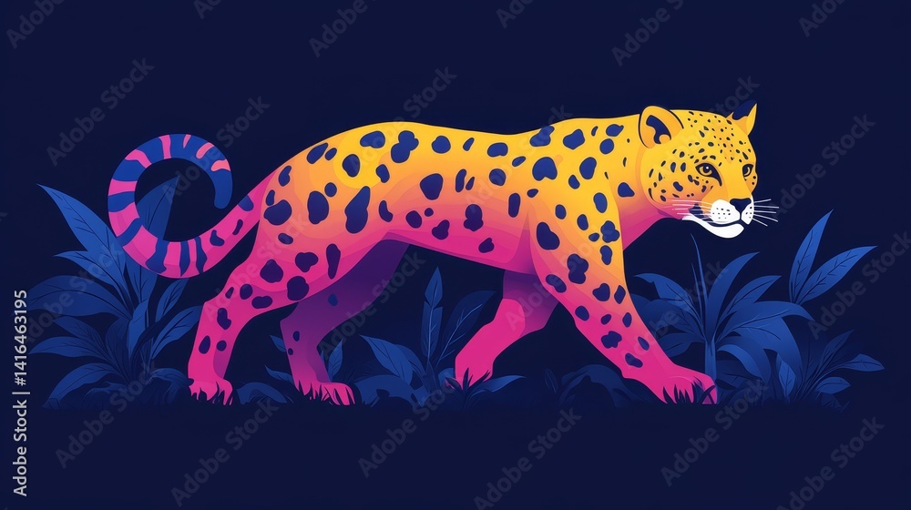 Retro pixelated leopard prowling amidst stylized flora with bold gradient colors providing a nostalgic digital aesthetic perfect for diverse applications Retro pixelated leopard prowling amidst stylized flora with bold gradient colors providing a nostalgic digital aesthetic perfect for diverse applications