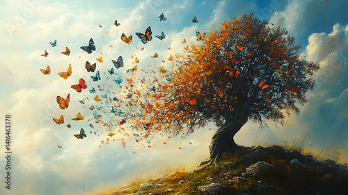 A vibrant depiction of a tree shedding its leaves as butterflies.