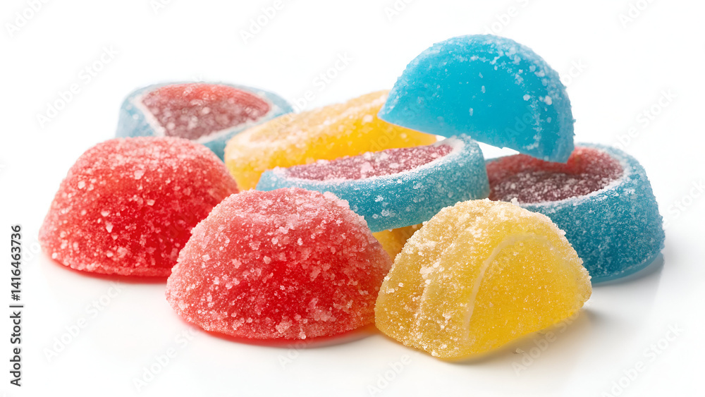 Glossy and colorful jelly pieces isolated on white background, perfect for food advertisements and e-commerce product displays. Glossy and colorful jelly pieces isolated on white background, perfect for food advertisements and e-commerce product displays.