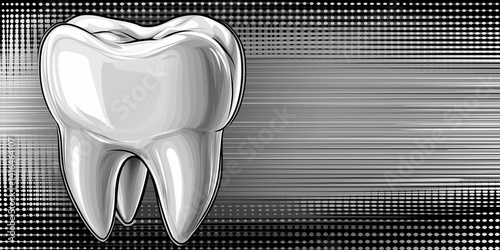 Detailed vector illustration of a molar against a dynamic gray-toned halftone and stripe background.
