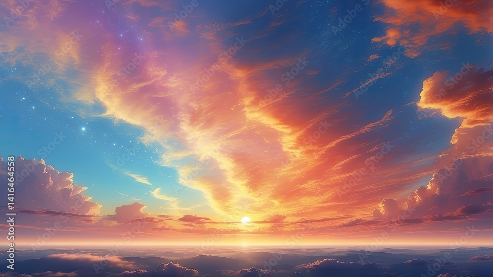 A vibrant sky filled with swirling clouds, illuminated by a radiant burst of light at the center A vibrant sky filled with swirling clouds, illuminated by a radiant burst of light at the center