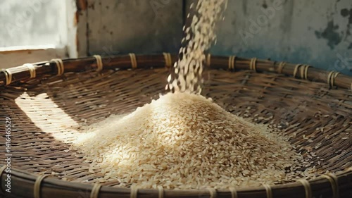 Sunlit Rice Pouring into Rustic Bamboo Winnowing Tray