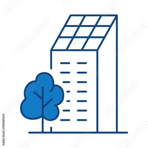 Solar Building Blue Icon. Solar Energy, Solar Panel, Green Energy, Sun Energy, Solar Battery, Energy Saving, Solar House, Ecology, Electricity, Renewable Energies Editable Stroke Vector Illustration