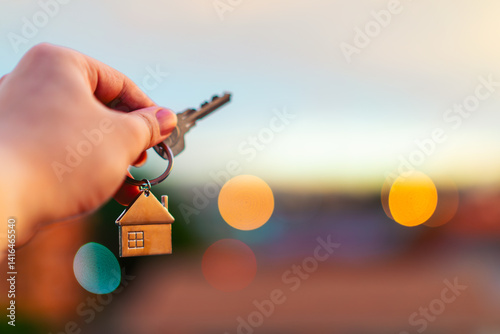 House model and key in home insurance broker agent ‘s hand or in salesman person. Real estate agent offer house, property insurance and security, affordable housing concepts photo