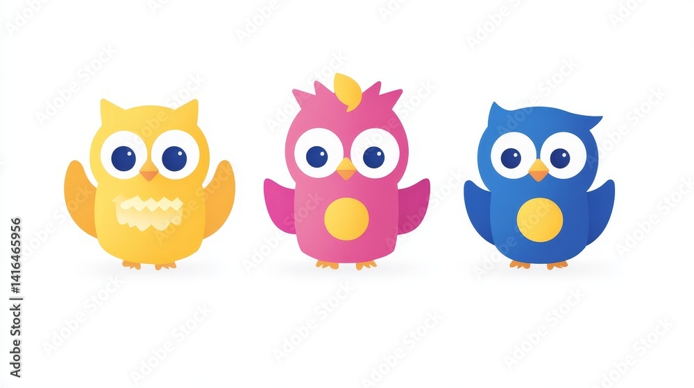 Fototapeta premium Whimsical pixelated owls in bright cheerful colors perfect for children's illustrations and playful designs adding a touch of fun and innocence