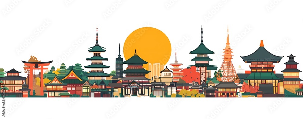 Fototapeta premium Flat vector illustration of Japan's famous temples and architecture, on a white background