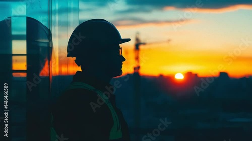 Construction Worker Silhouette Against a Vibrant Sunset Sky