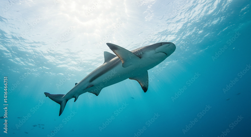 Fototapeta premium Shark Swimming in Ocean with Sunlight Underwater View