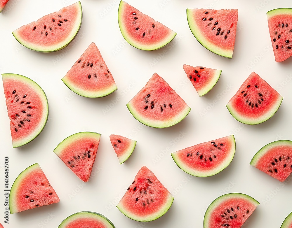 Delightful assortment of fresh watermelon slices and whole fruits showcasing vibrant colors and textures against a clean white background Delightful assortment of fresh watermelon slices and whole fruits showcasing vibrant colors and textures against a clean white background