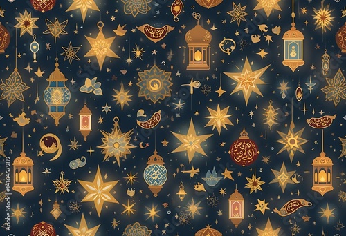 Golden Stars and Lanterns: A Celestial Islamic Pattern