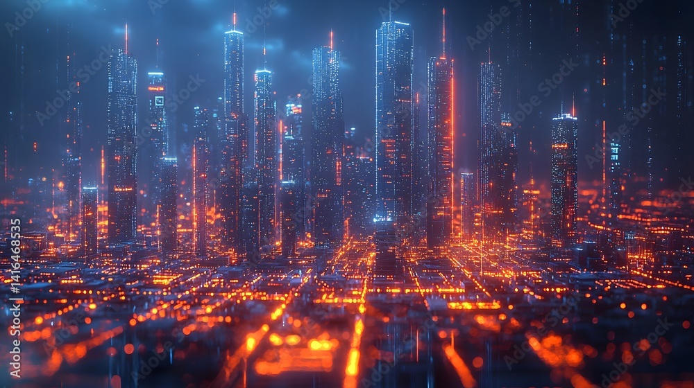 A futuristic cityscape of glowing skyscrapers and digital connections