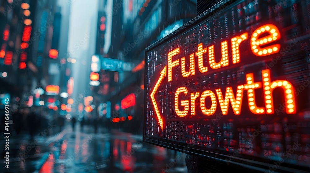 A glowing sign displays Future Growth in a vibrant financial district scene A glowing sign displays Future Growth in a vibrant financial district scene