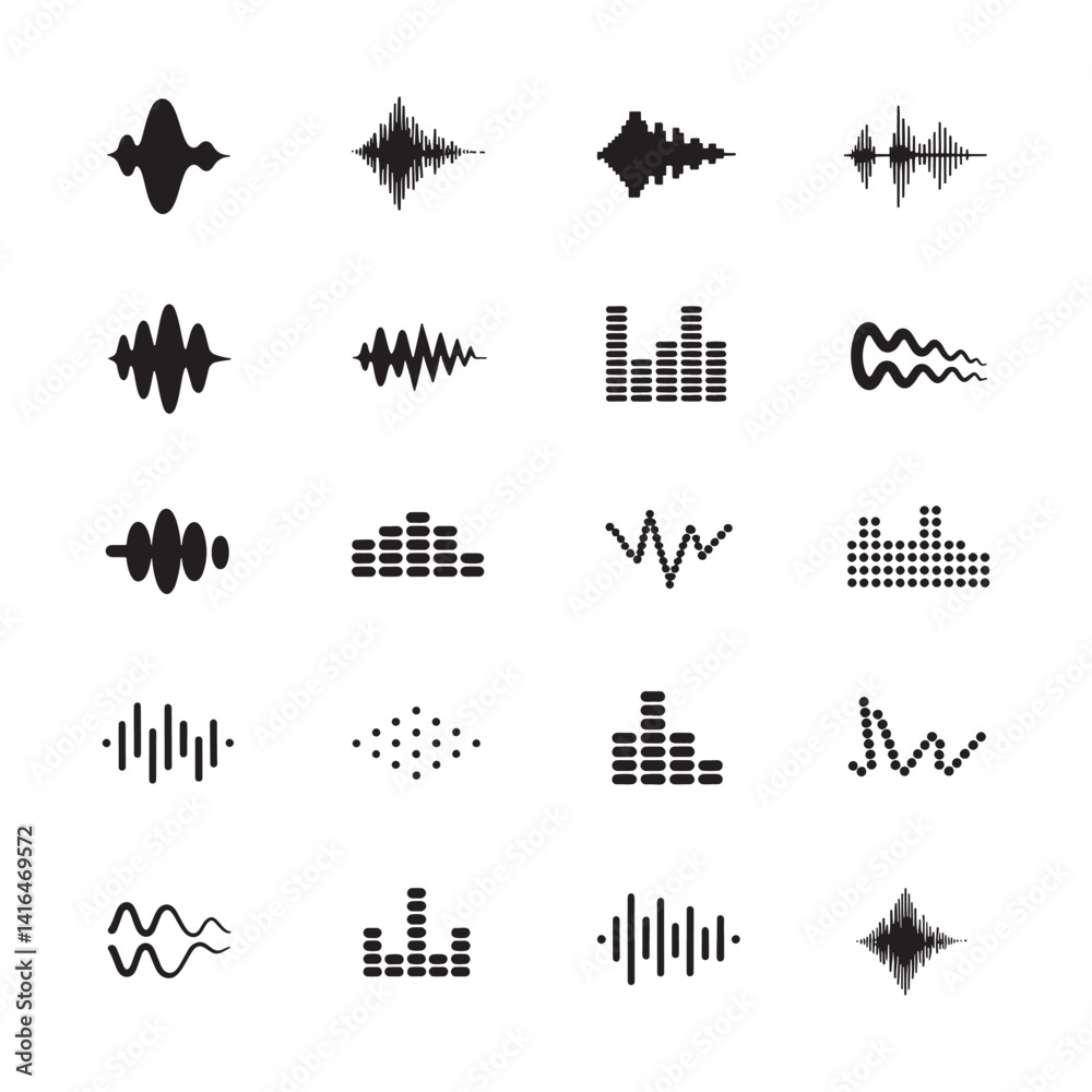 Naklejka premium Sound waves, Equalizer, Audio waves, Radio signal, Music. Recording. Vector illustration. Sound wave set.