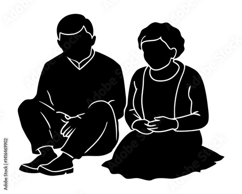 grandparents sitting on a bench silhouette vector illustration isolated on white background