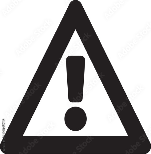 Warning sign vector icon, triangular shape, black and white, exclamation mark, bold text, graphic design