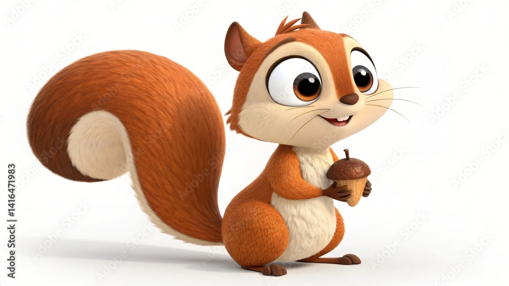 Fototapeta premium Adorable Cartoon Squirrel Holding Acorn 3D Render Cute Animal Illustration Wildlife Character